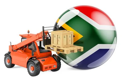 South African flag with telescopic handler truck and parcel. Cargo shipping i Illustrazione stock