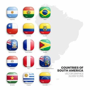 South America Countries Flags Vector 3D Glossy Icons Set On White Background Stock Illustration