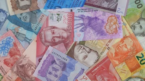 South America currency notes slow rotating. South American money, trade, economy Stock Footage 104343353