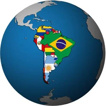 South american flags on globe map Stock Illustration