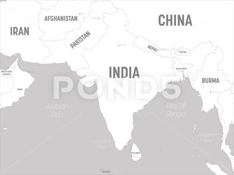 South Asia map - white lands and grey water. High detailed ..., image size:480x360