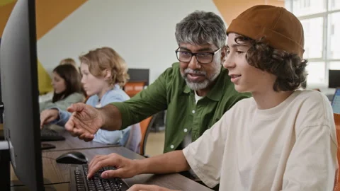 South Asian Teacher Explaining Coding to Teenager Boy in Computer Lab Stock Footage 342820188