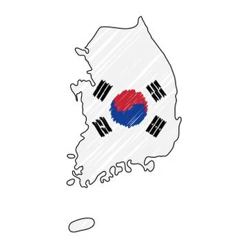 South Corea map hand drawn sketch. Vector concept illustration flag, childrens Stock Illustration