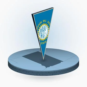 South Dakota map in round isometric style with triangular 3D flag of US Sta.. Stock Illustration