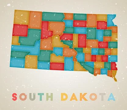 South Dakota map. Us state poster with colored regions. Old grunge texture... 스톡 일러스트