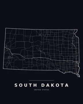 South Dakota SD Map Counties Highways Roads Dark Mode Editable Vector Stock Illustration