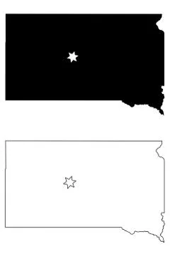 South Dakota SD state Map USA with Capital City Star at Pierre. Black &amp; white Stock Illustration