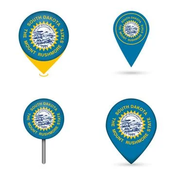 South Dakota State Flag Map Pin Icons Set Collection Stock Illustration