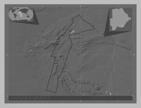 South-East, Botswana. Grayscale elevation map with lakes and rivers Stock Illustration