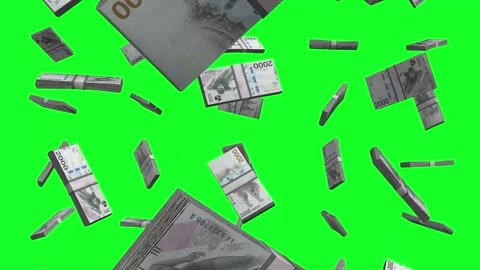 South Korea 2000 Won Falling Animation on Green Background Stock-Footage 300615173