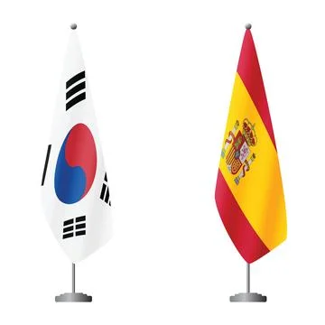 South Korea and Spain flags on flagpoles for official ceremonies and meetings Stock Illustration