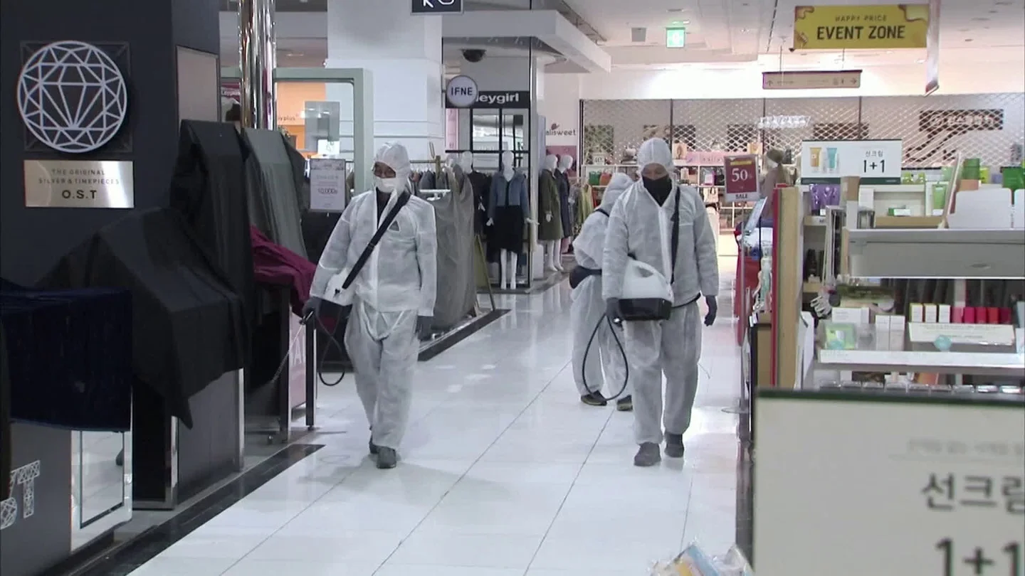 South Korea Disinfects Department Store As People Queue For Masks Stock Footage