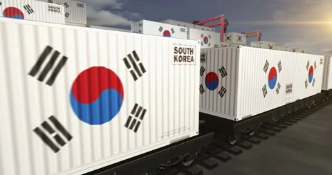 South Korea export containers on cargo train wagons loop Stock Footage 294676639