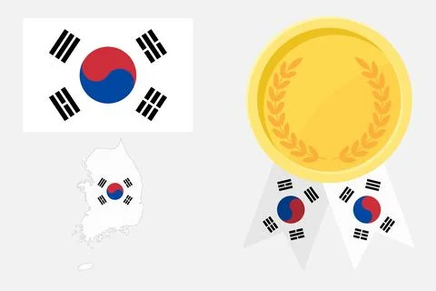 South Korea flag with map and gold medal in set for web and banners or app .. Stock Illustration