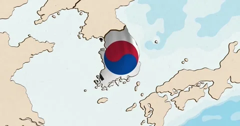 The south korea flag waving inside the country on a world map Stock Footage 339033389