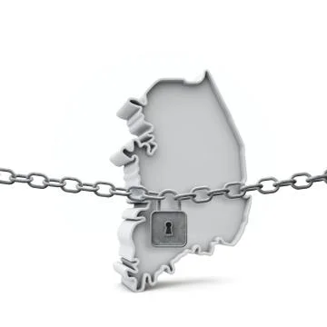 South Korea lockdown concept. Map with lock and chain. 3D Render 스톡 일러스트