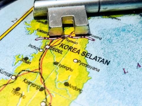 South Korea Map on Globe Close Up with Padlock Stock Photos
