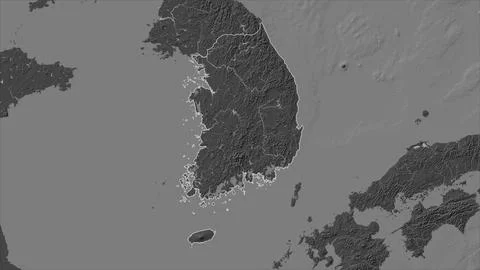 South Korea outlined on a Bilevel elevation map with lakes and rivers Illustrazione stock