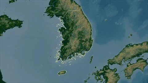South Korea outlined on a Colored elevation map with lakes and rivers Stock Illustration