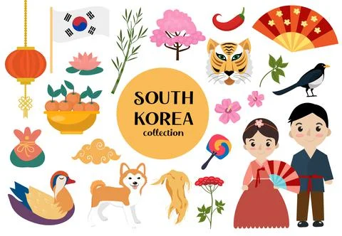 South Korea set of objects. Korean national collection of design elements with Ilustración de archivo