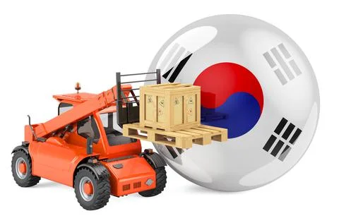 South Korean flag with telescopic handler truck and parcel. Cargo shipping in Stock Illustration