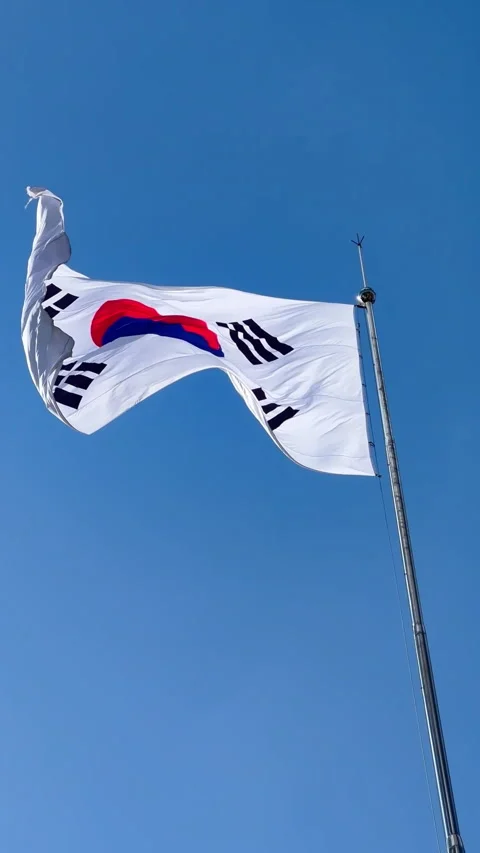 South Korea's flag flapping in the wind under a bright blue sky Stock Footage 312984992