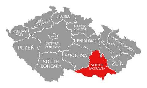 South Moravia red highlighted in map of Czech Republic Stock Illustration