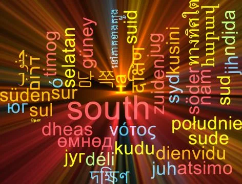 South multilanguage wordcloud background concept glowing Stock Illustration