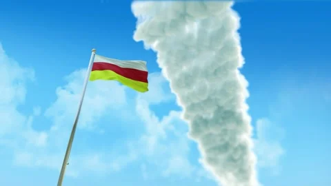 South Ossetia Flag 3D Render Animation on Pole with Fighter Jets Smoke Trail Video stock 332879780