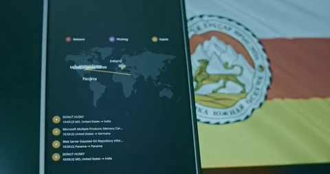 South Ossetia as target for cyber attacks, live map and South Ossetia flag on Stock Footage 310845361