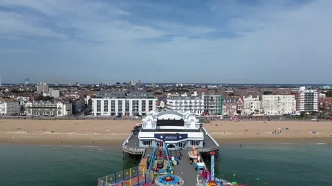 South Parade Pier reverse drone shot, Southsea UK Stock Footage 254020269