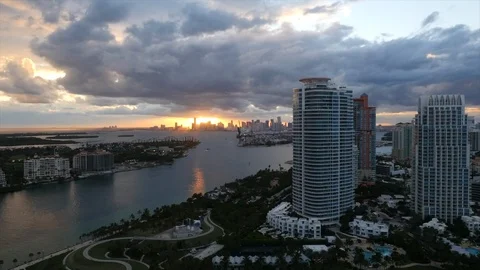 South Point Miami beach looking at downtown at sunset dramatic sky 4k 60 Stock Footage 127457480