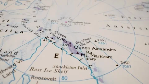 South pole, antarctica: gliding view over an atlas map showing the polar region Stock Footage 340106492