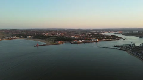 South Shields and North Shields, Tynemouth along the River Tyne drone Video stock 320621949