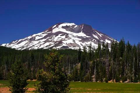 South Sister mountain overlooks forested hills and an alpine meadow. Stock Photos