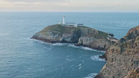 South Stack Lighthouse in Winter, Viewed from the Cliffs, Anglesey Stock Footage 330406571