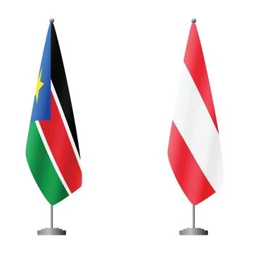 South Sudan and Austria flags on flagpoles for official ceremonies and meetings Stock Illustration