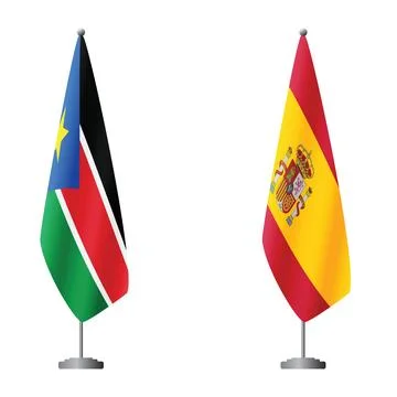 South Sudan and Spain flags on flagpoles for official ceremonies and meetings Stock Illustration
