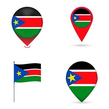 South Sudan Flag Map Pin Icons Set Collection. Stock Illustration