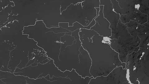 South Sudan outlined on a Grayscale elevation map with lakes and rivers Illustrazione stock
