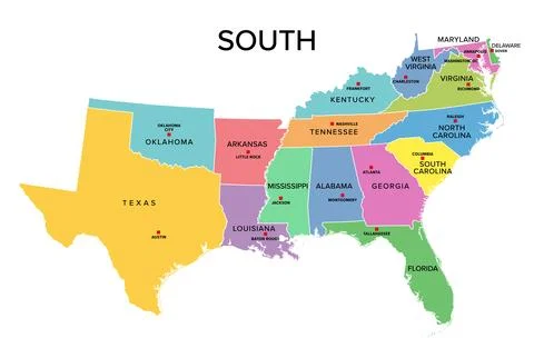 South, U.S. census region, multi colored political map Stock Illustration