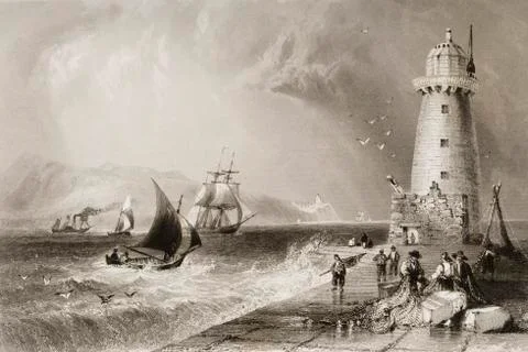 South-Wall Lighthouse With Howth Hill In The Distance, Dublin Bay, Dublin, Ir Stock Photos