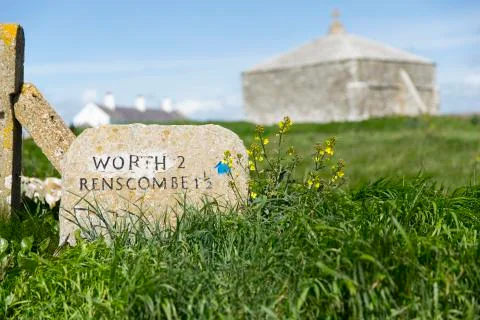 South West Coast Path marker at Saint Aldheims Head near the Square Chapel, S Stock Photos