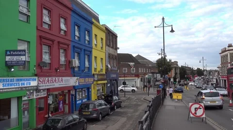 Southall street view with its colorful buildings Stock Footage