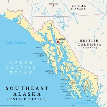 Southeast Alaska, also called Alaskan panhandle, political map Stock Illustration