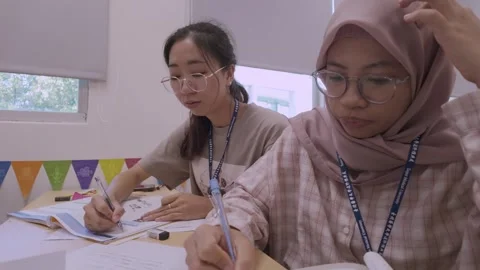 Southeast Asian Students Learning Traditional Chinese in Taiwan Classroom Stock Footage 340471126