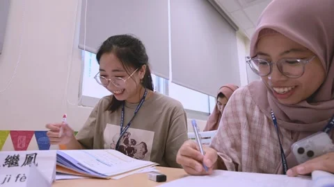 Southeast Asian Students Learning Traditional Chinese in Taiwan Classroom Stock Footage 340471667