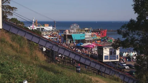 Southend, UK - Circa 2019: Funicular railway ascending the seafront at Southend Stock Footage 129344901