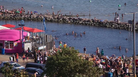 Southend, UK - Circa 2019: Three Shells Lagoon and beach on Southend promenade Stock Footage 129345300