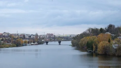 Southern Bug River and a view of the Old City Bridge Stock Footage 81835002